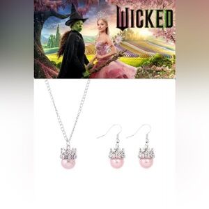 Wicked Glenda The Good Witch Faux Pink Pearl Necklace & Earrings Set Silver Tone